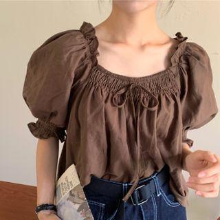 Puff-sleeve Plain Blouse Dark Brown - One Size