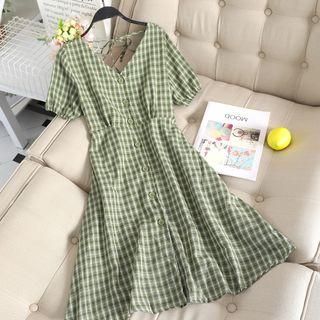 V-neck Plaid Short-sleeve Lace-up Open-back Dress