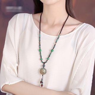 Retro Pendant String Necklace Green & Gold - One Size
