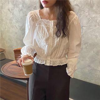 Puff-sleeve Eyelet Lace Trim Blouse