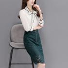 Set: Contrast Trim 3/4 Sleeve Blouse + Zip Front Lace Skirt