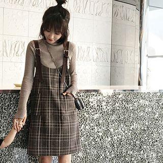 Set: Plain Turtleneck Sweater + Plaid Jumper Dress