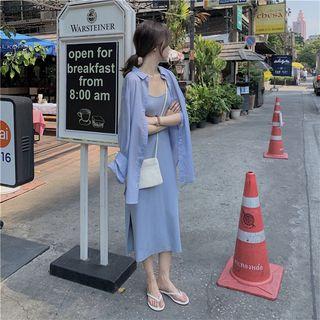 Side Slit Midi Spaghetti Strap Dress / Plain Shirt
