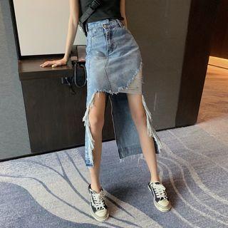 Dip-back Asymmetric Denim Skirt
