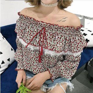 Floral Print Tasseled Off Shoulder Long Sleeve Top