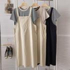 Set: Short-sleeve Striped T-shirt + Pocket Detail Midi Overall Dress