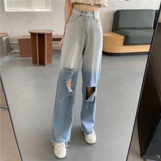 High-waist Gradient Ripped Denim Pants