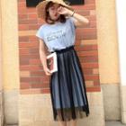 Set : Letter Short-sleeve T-shirt Dress + Mesh Midi Skirt