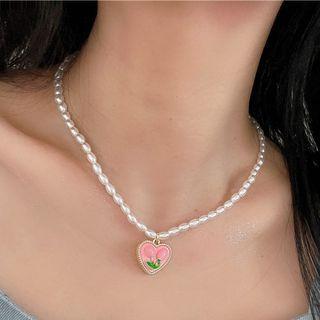 Heart Flower Pendant Faux Pearl Choker Pink - One Size
