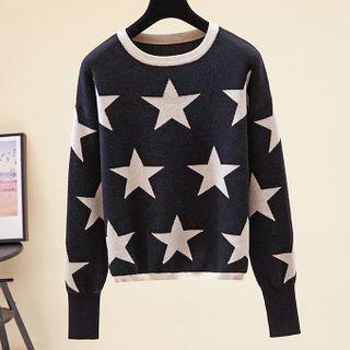 Long Sleeve Round Neck Star Print Knit Top Black - One Size
