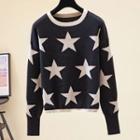 Long Sleeve Round Neck Star Print Knit Top Black - One Size