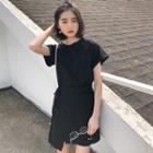 Short-sleeve Asymmetric Tie Waist T-shirt Dress Black - One Size