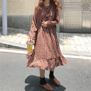 Long-sleeve Floral Print Midi A-line Dress Brown - One Size