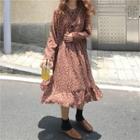 Long-sleeve Floral Print Midi A-line Dress Brown - One Size
