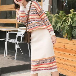Set: V-neck Jacquard Sweater + Midi Fitted Knit Skirt