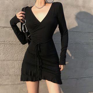 Long-sleeve Tie-waist Frill Trim Mini A-line Dress