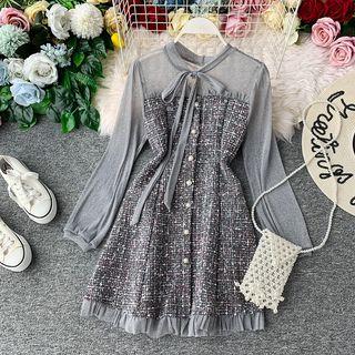 Long-sleeve Mesh Paneled Tweed A-line Dress