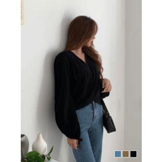 Beribboned Balloon-sleeve Wrap Knit Top
