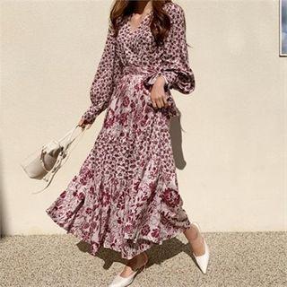 V-neck Tiered-hem Floral Print Dress With Sash Red - One Size