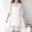 Set: Elbow-sleeve Sheer Lace Dress + Slipdress As Shown In Figure - One Size