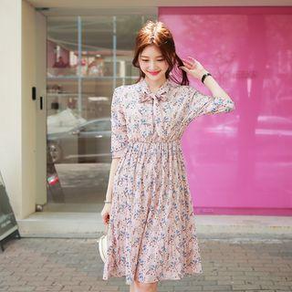 Tie-neck Accordion-pleat Floral Dress