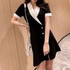 Set: Short-sleeve Color Block A-line Mini Dress + Shorts