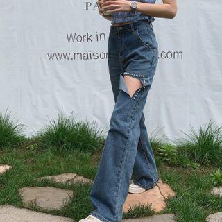 Cutout Embellished Straight-leg Jeans