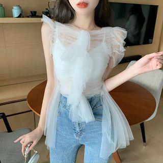 Ruffle Trim Shirred Mesh Sleeveless Cropped Top