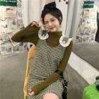 Long-sleeve Mock-neck Top / Houndstooth Mini Sheath Overall Dress