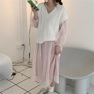 Long-sleeve Midi Shift Dress / Slipdress / Cable-knit Sweater Vest