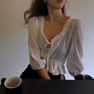 3/4-sleeve Frill Trim Top White - One Size