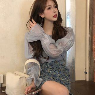 Puff-sleeve Blouse / Floral Print Mini Pencil Skirt