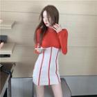 Long-sleeve Two-tone A-line Dress Red - One Size