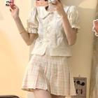 Short-sleeve Lace Trim Blouse / Plaid Mini Pleated Skirt