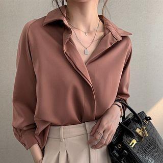 Long-sleeve Plain Button-up Loose Fit Shirt