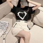 Short-sleeve Heart Print T-shirt / Button-up Mini Pencil Skirt