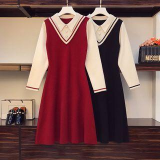 Mock Two-piece Collared Knit A-line Dress
