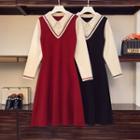 Mock Two-piece Collared Knit A-line Dress