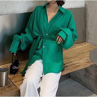 Set: Long-sleeve Tie Waist Shirt + Wide-leg Pants