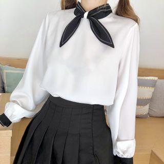 Contrast Trim Bow Neck Blouse