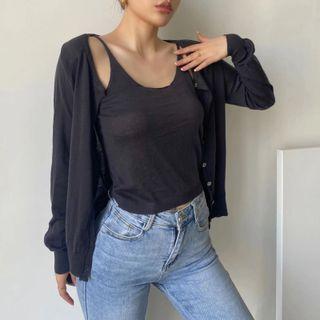 Set: Long Sleeve Plain Light Cardigan + Camisole Top