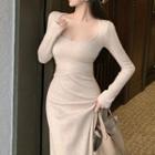 Long-sleeve Midi Sheath Dress Dress - Melange Beige - One Size