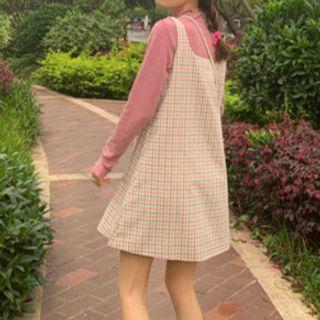 Long-sleeve T-shirt / Plaid Strappy A-line Dress