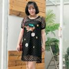 Squirrel Embroidered Perforated Short-sleeve Shift Dress