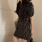 Short-sleeve Cutout Floral Dress Black - One Size