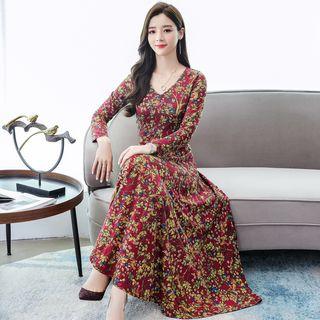 Long-sleeve Floral Maxi Knit Dress