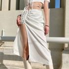 High Waist Plain Lace Up Side-slit Pencil Skirt