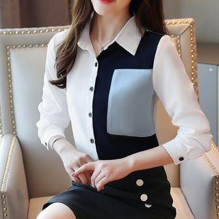Color-block Long-sleeve Chiffon Blouse
