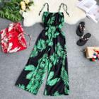Spaghetti Strap Leaf Print Jumpsuit