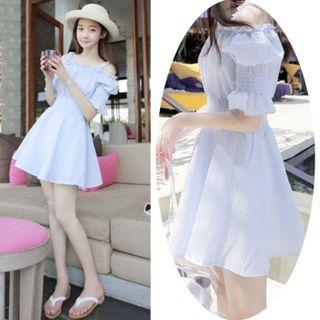 Bell-sleeve Cold-shoulder Mini A-line Dress Sky Blue - One Size